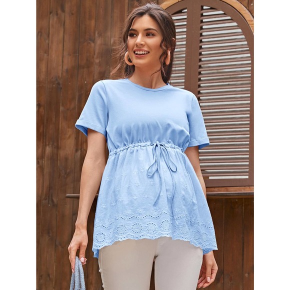 Maternity Drawstring Eyelet Embroidered short sleeve Tee blue - Picture 3 of 11